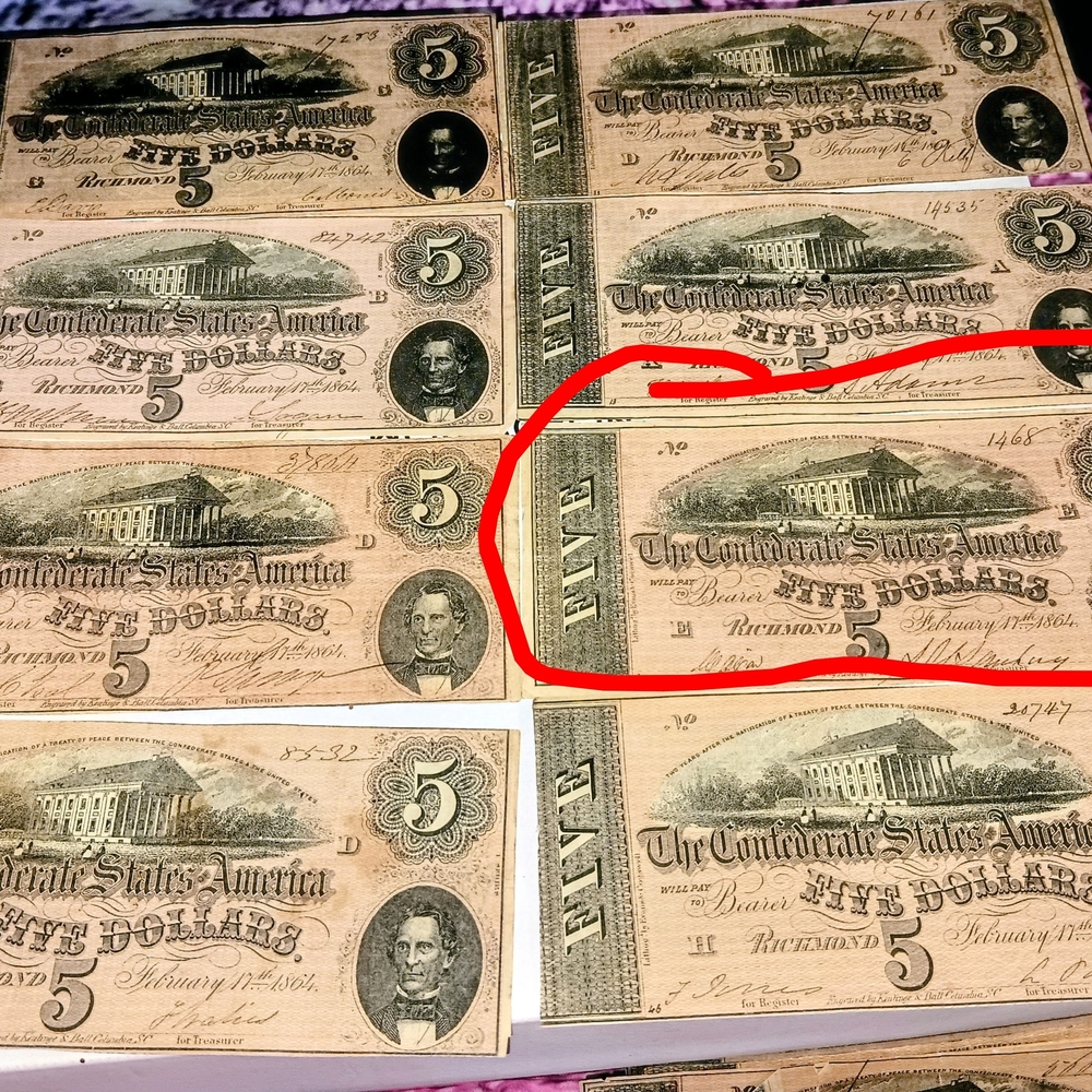 Vintage Confederate Five Dollar Notes